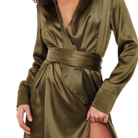 Never Fully Dressed Olive Green / Khaki Satin Wrap Dress - Size 8, Khaki - Picture 1 of 7